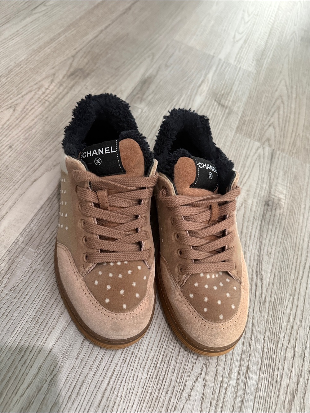 Chanel Women’s Tan Suede Polka-Dot Lined Sneakers
